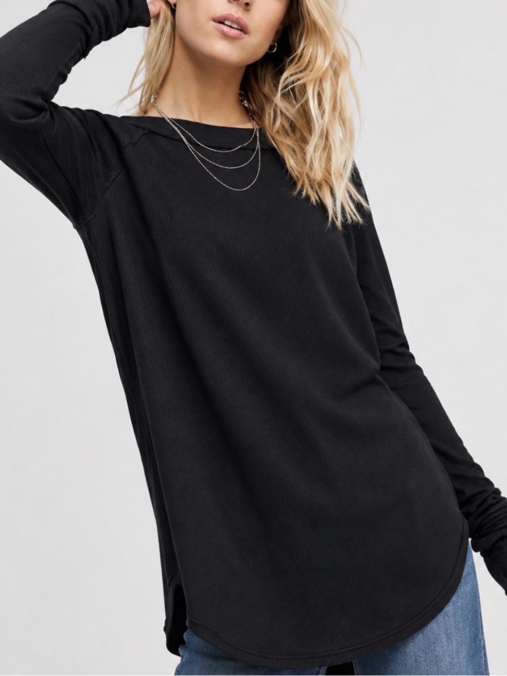 Free People We The Free Snowy Thermal Tunic Black Size S Waffle Knit Top